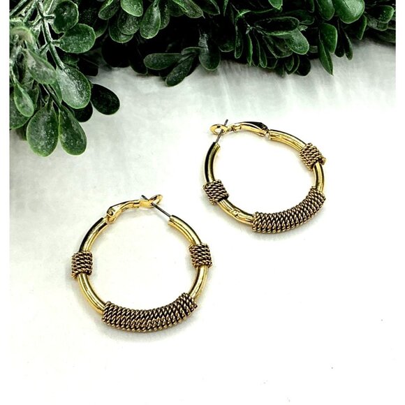 Gold Two Tone Twisted Wire Wrapped Hoop Earrings - Picture 1 of 7